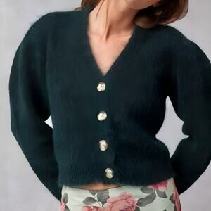 Rouje Nona Kid Mohair Baby Alpaca Crop Cardigan Sweater Dark Green Size 34 US 2